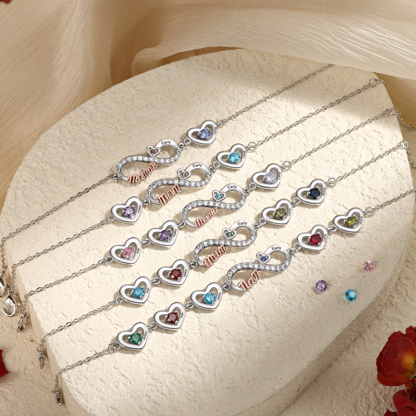 Personalized Infinity Heart Bracelet Mom Birthstones Bracelet Customized With 2–6 Names