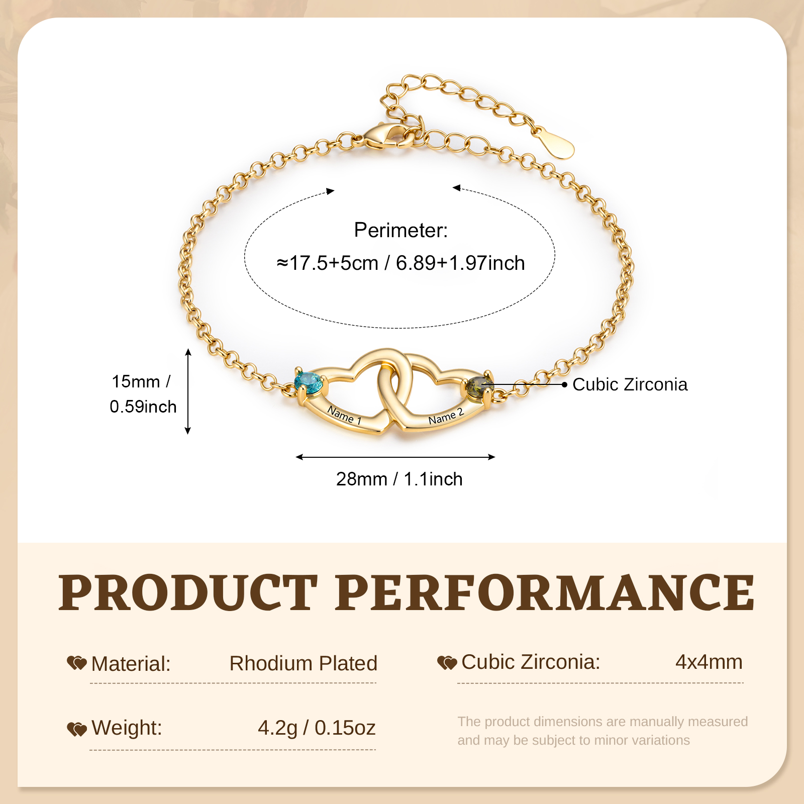 Personalized Heart Bracelet Custom With 2 Names 2 Birthstones Gift For Her