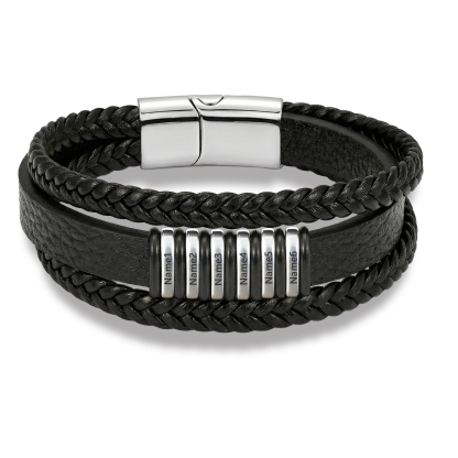 Personalized Braided Leather Bracelet for Men Custom with 2–6 Names Engraved