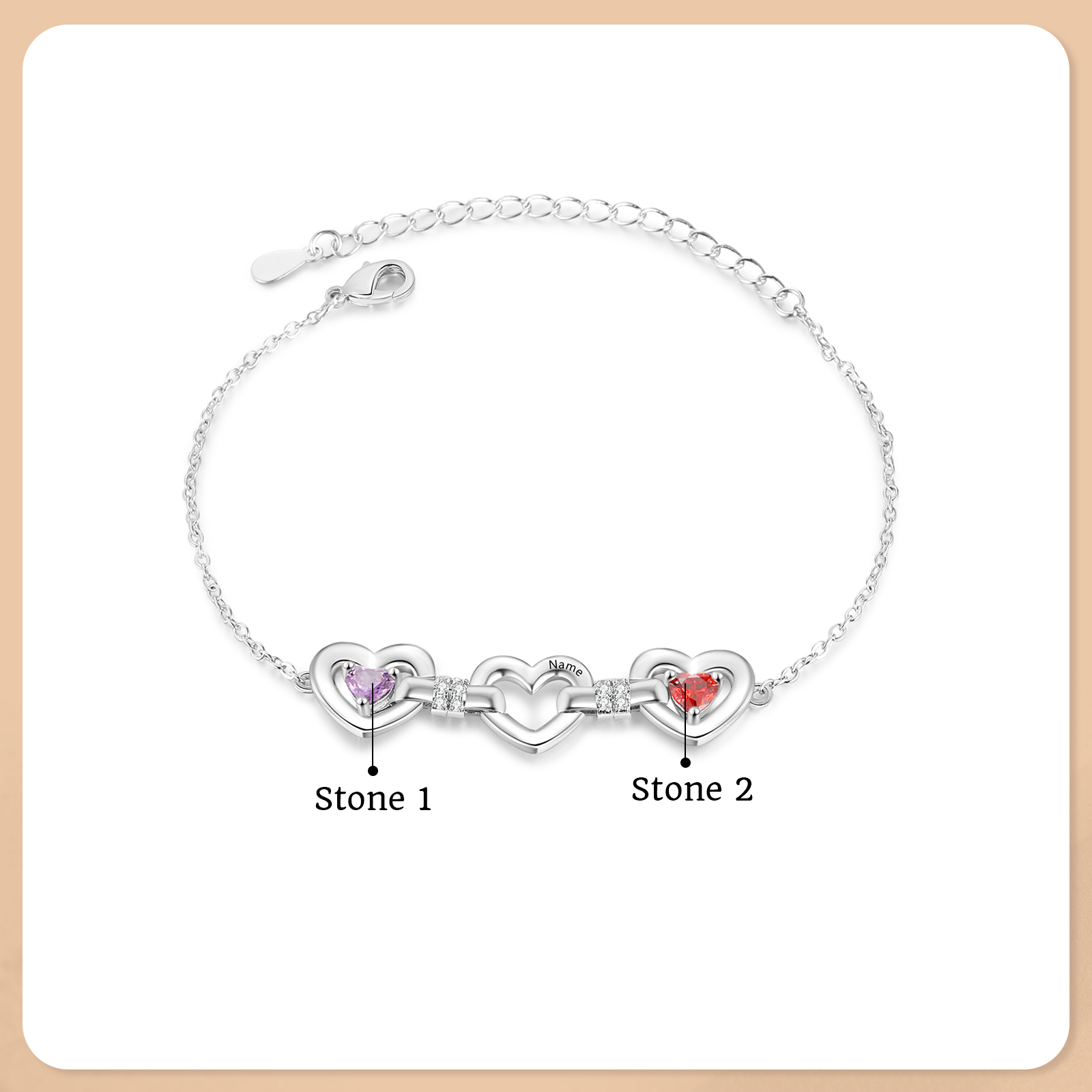 Personalized Linked Hearts Birthstone Bracelet with 1–4 Engraved Names