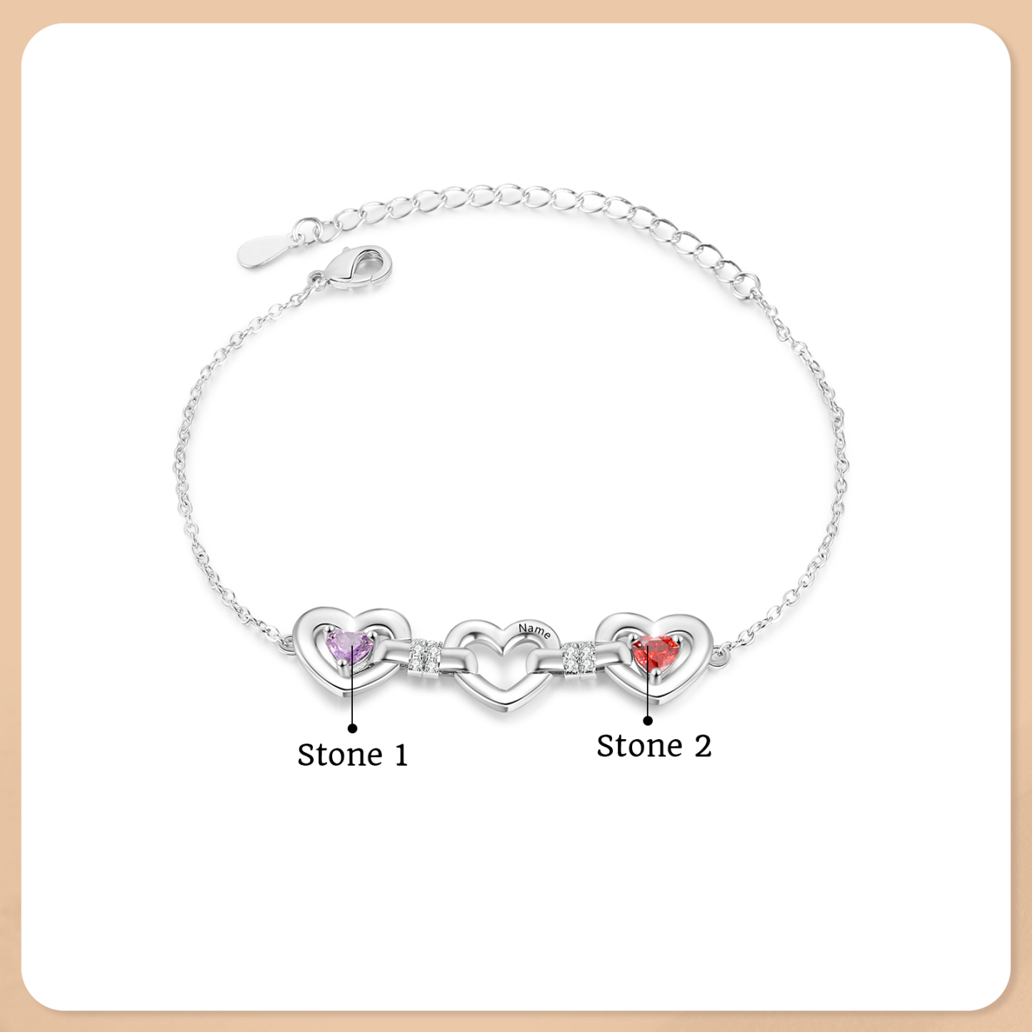 Personalized Linked Hearts Birthstone Bracelet with 1–4 Engraved Names