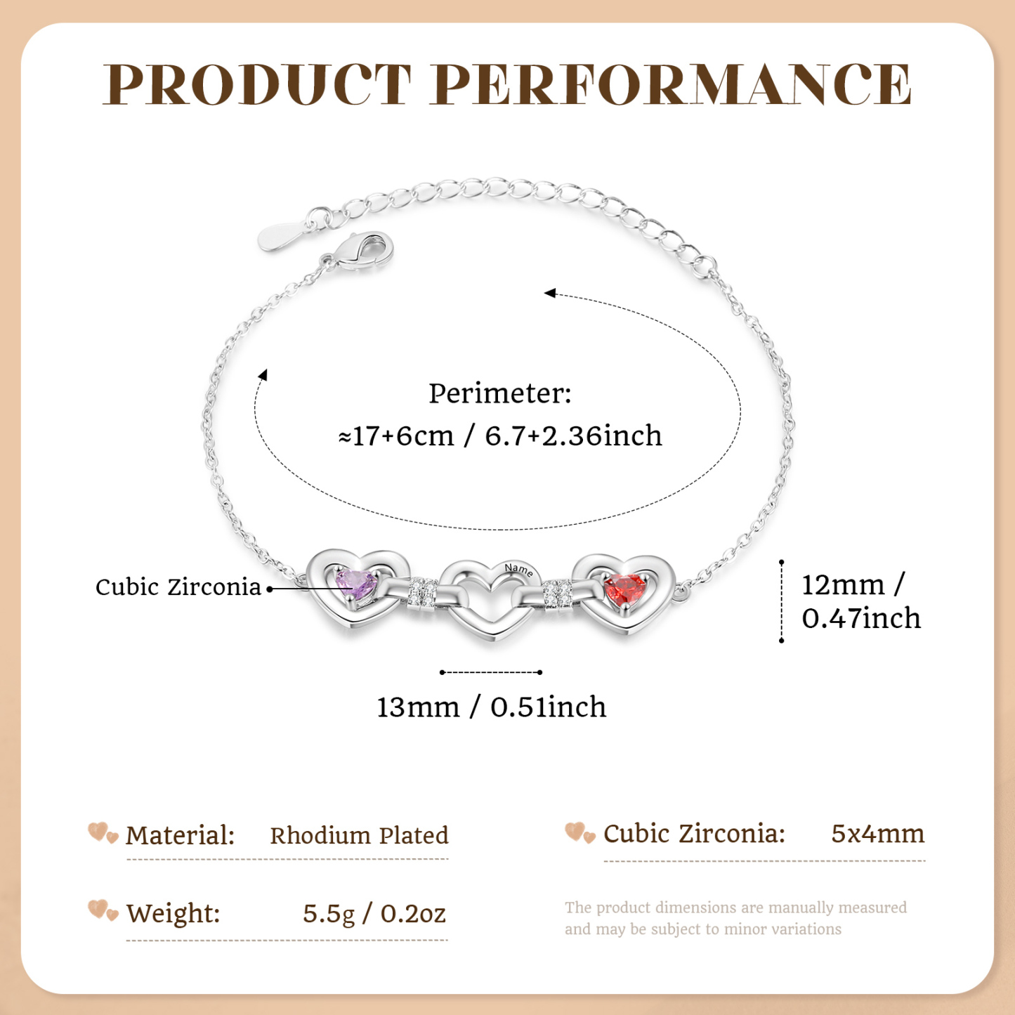 Personalized Linked Hearts Birthstone Bracelet with 1–4 Engraved Names