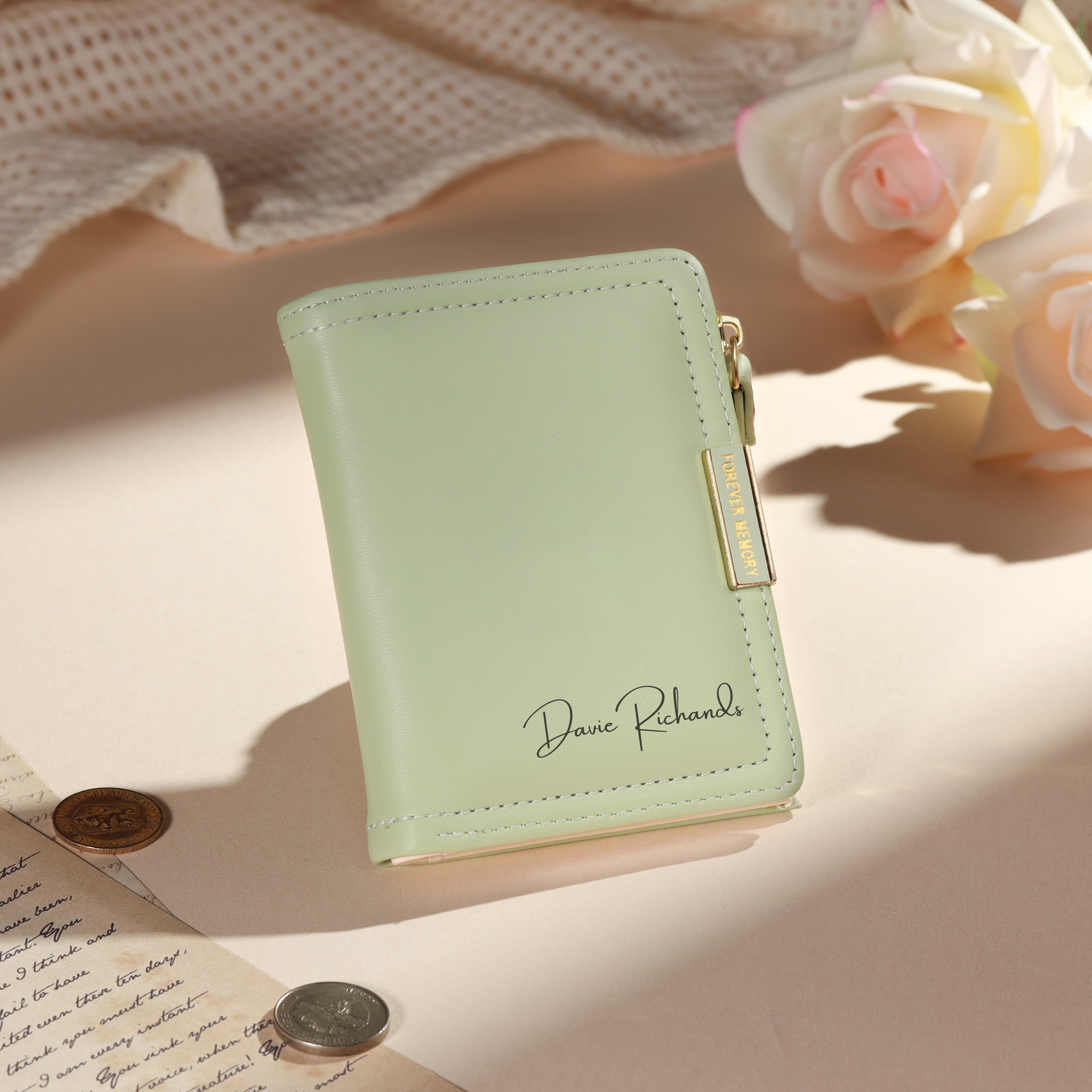 Personalized Leather Zippered Wallet Custom With Photo And Engraved Name