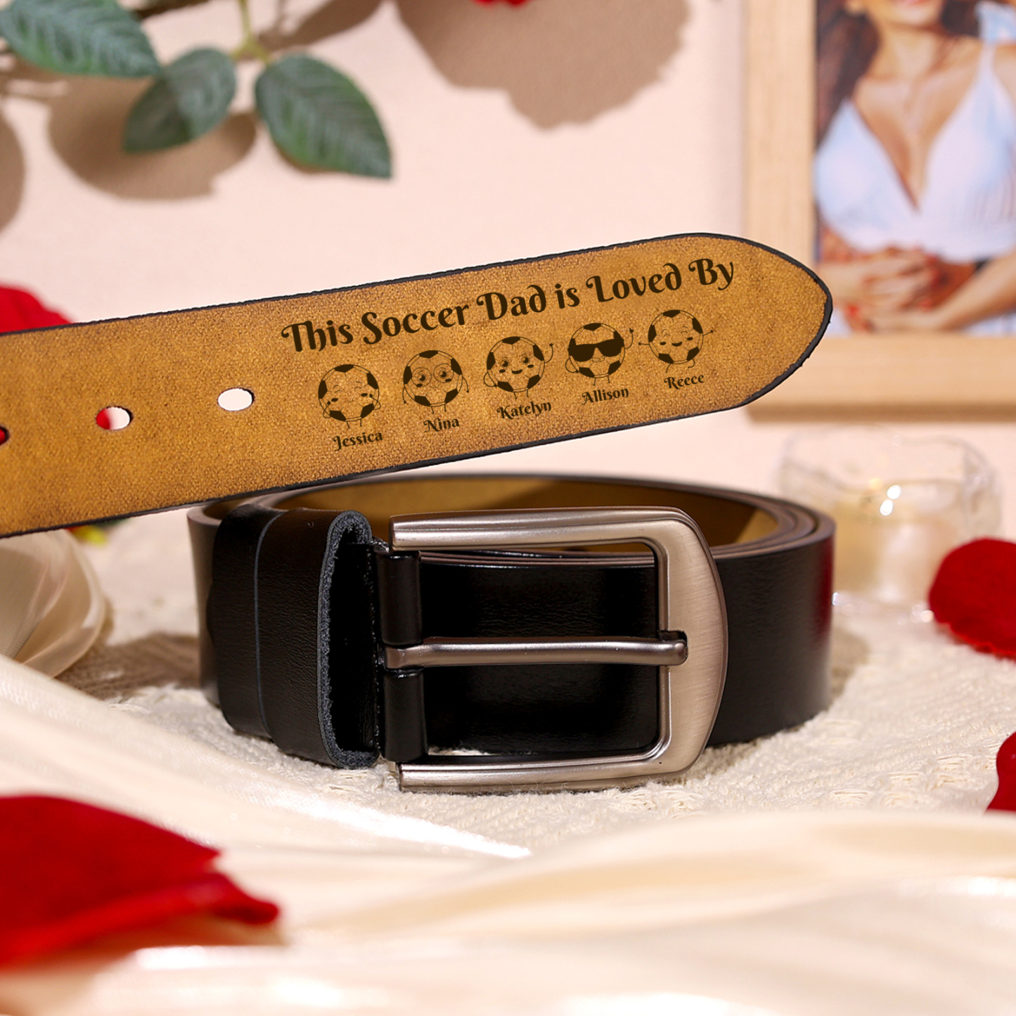 Personalized Men's Leather Belt Soccer Family Engraved With 1 To 8 Names