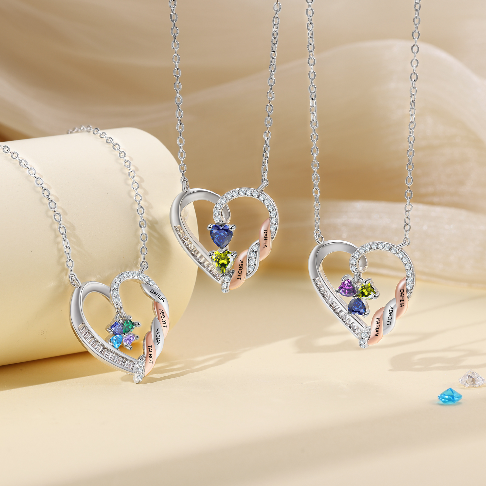 Personalized 2-4 Birthstones Heart Necklace