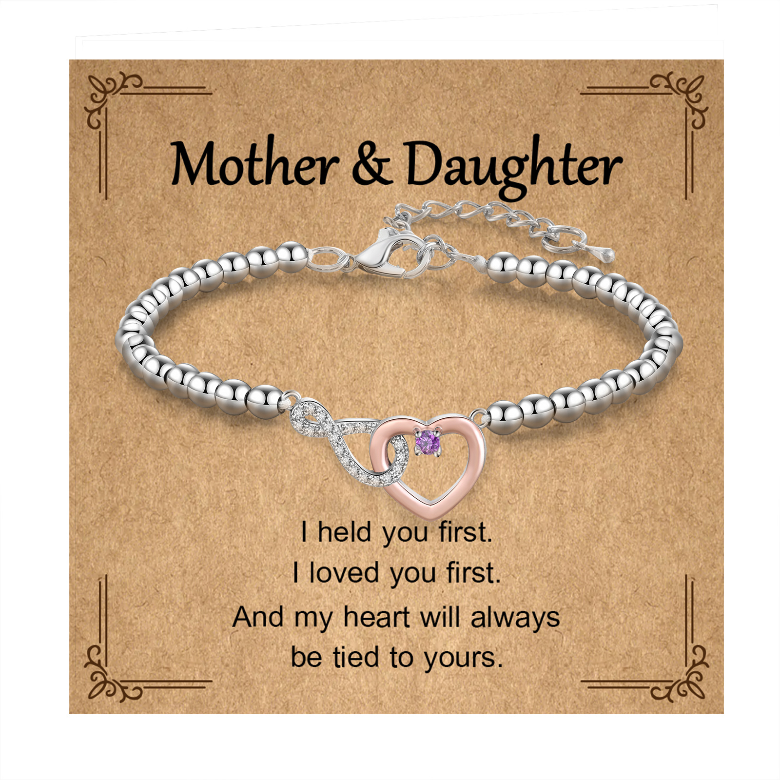 Personalized Mother Daughter Infinity Heart Birthstone Bracelet with Gift Card