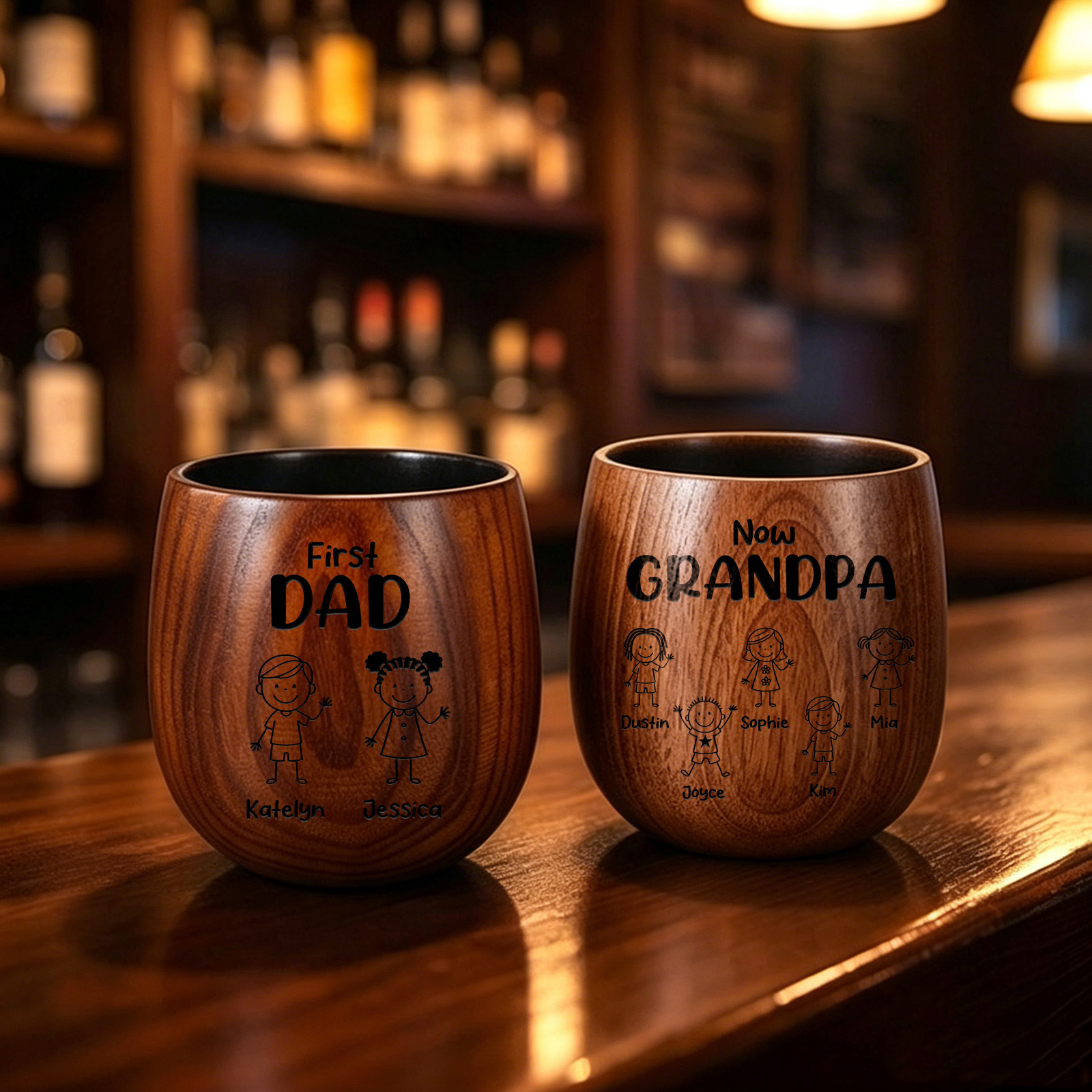 Personalized Wooden Whisky Cup for Dad or Grandpa Custom with 2-16 Children and Names