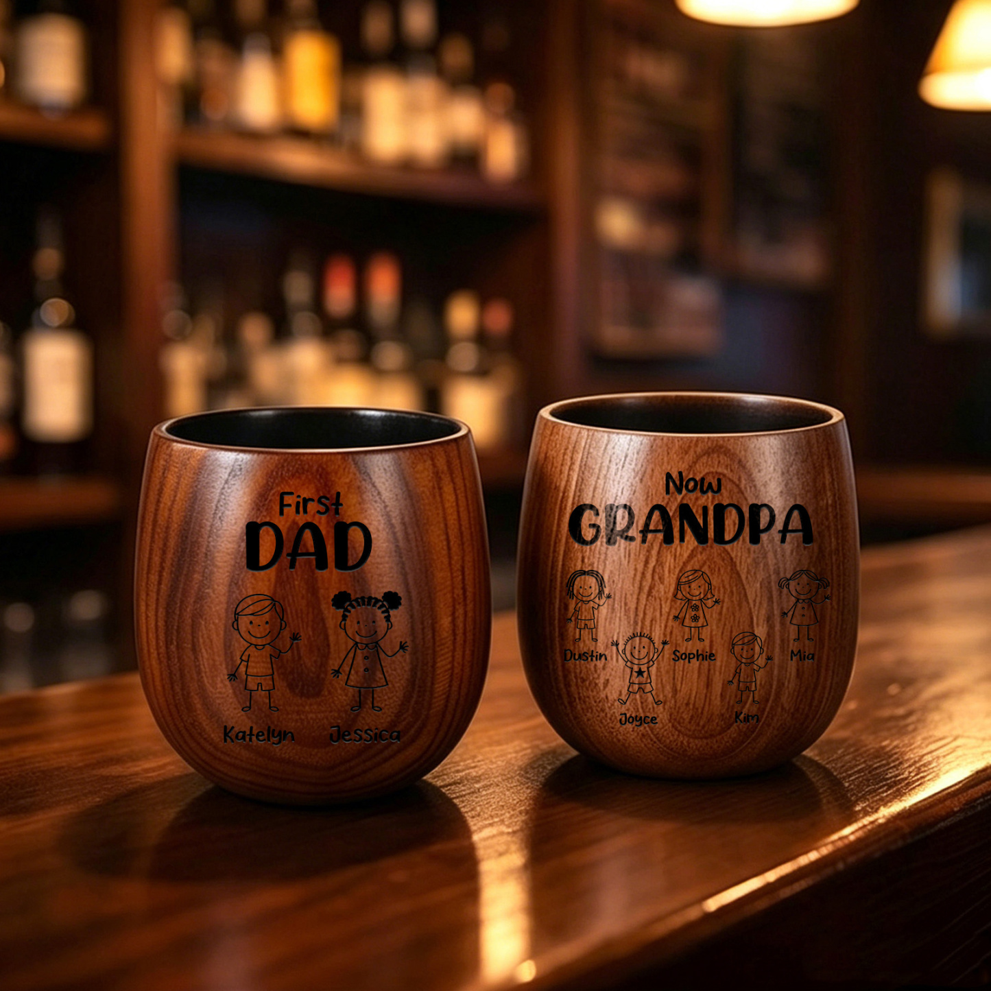 Personalized Wooden Whisky Cup for Dad or Grandpa Custom with 2-16 Children and Names