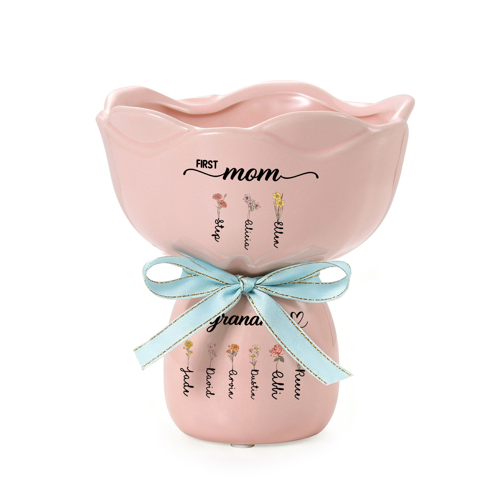 Personalized Bouquet Ceramic Birth Flower Vase with 2–12 Names for Mom or Grandma