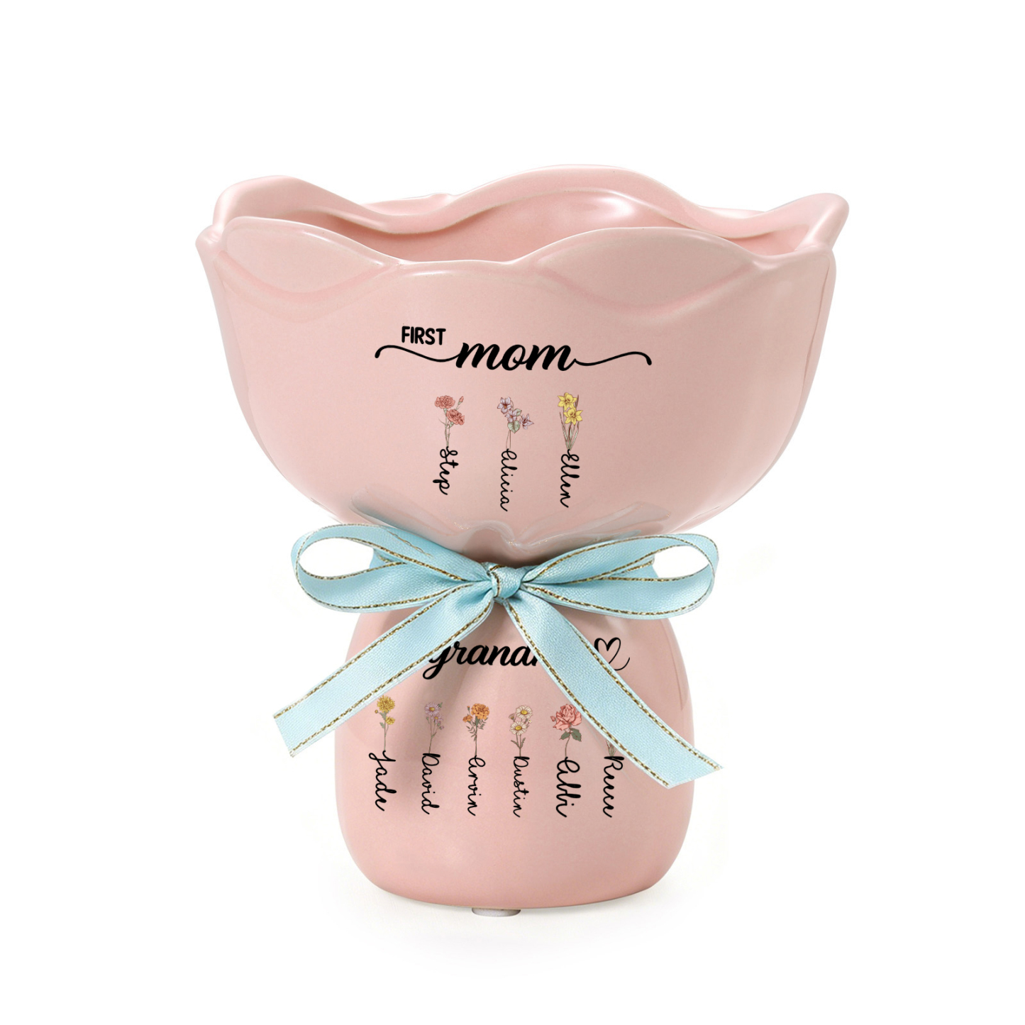 Personalized Bouquet Ceramic Birth Flower Vase with 2–12 Names for Mom or Grandma