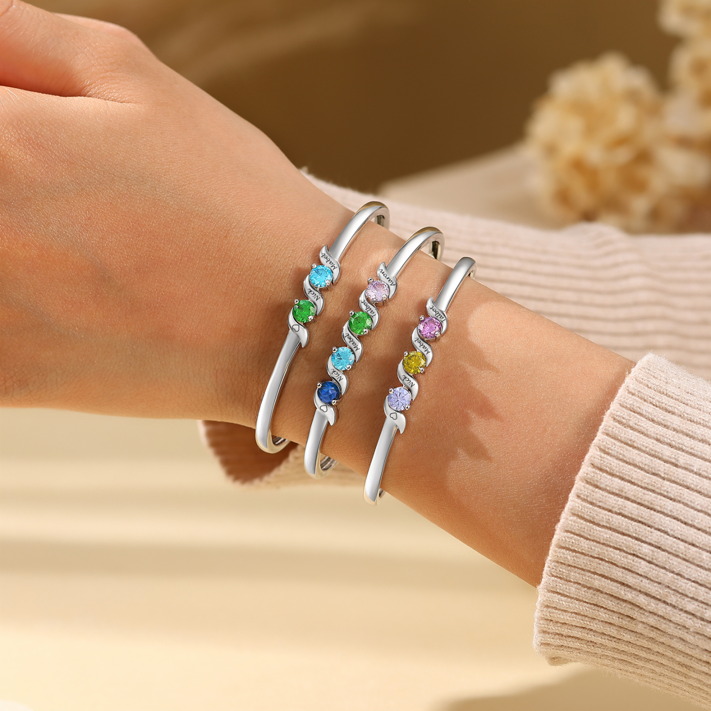 Personalized Women Birthstones Bangle Family Bracelet Customized With 1–5 Names Stones
