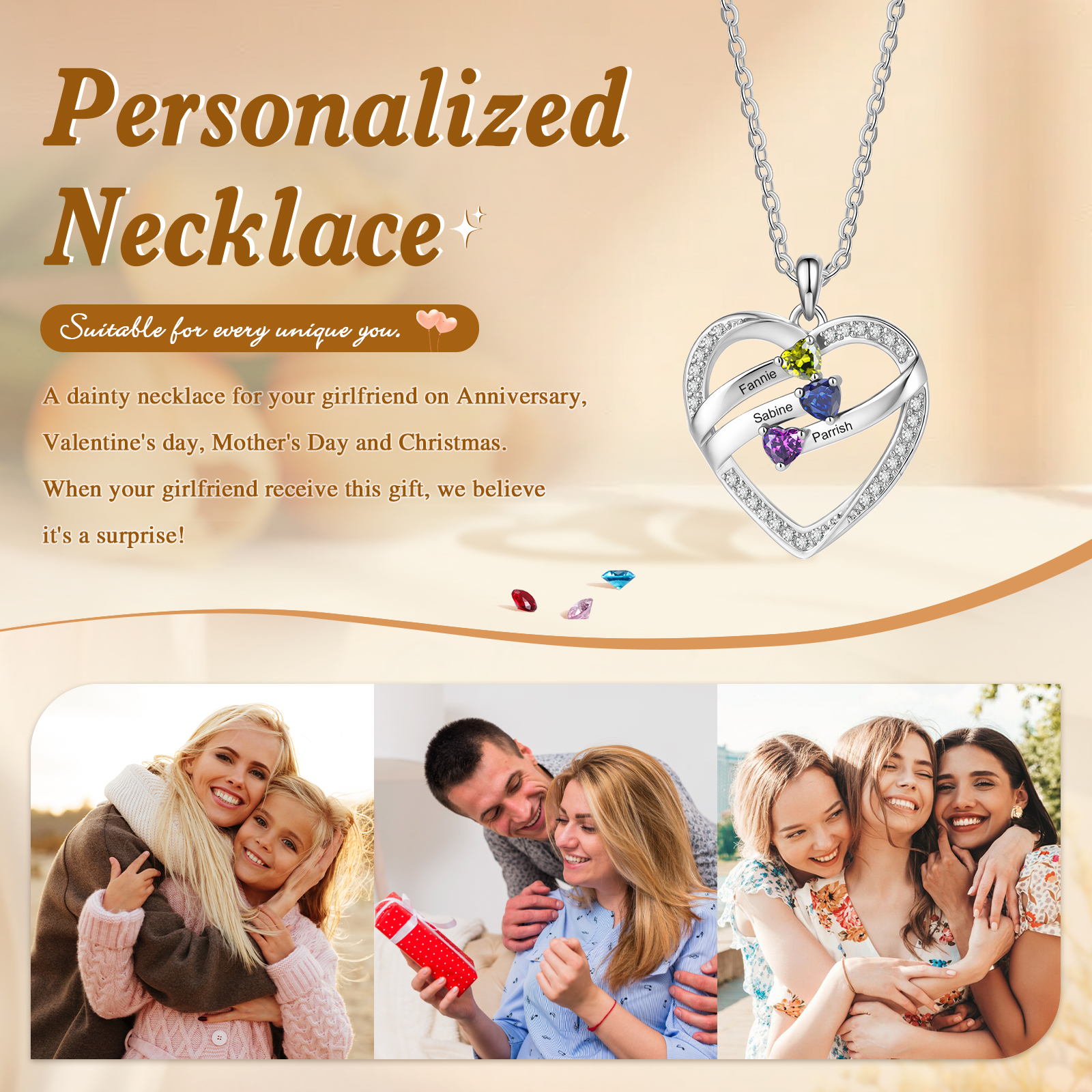 Personalized Heart Birthstones Necklace Custom With 3–5 Children’s Names