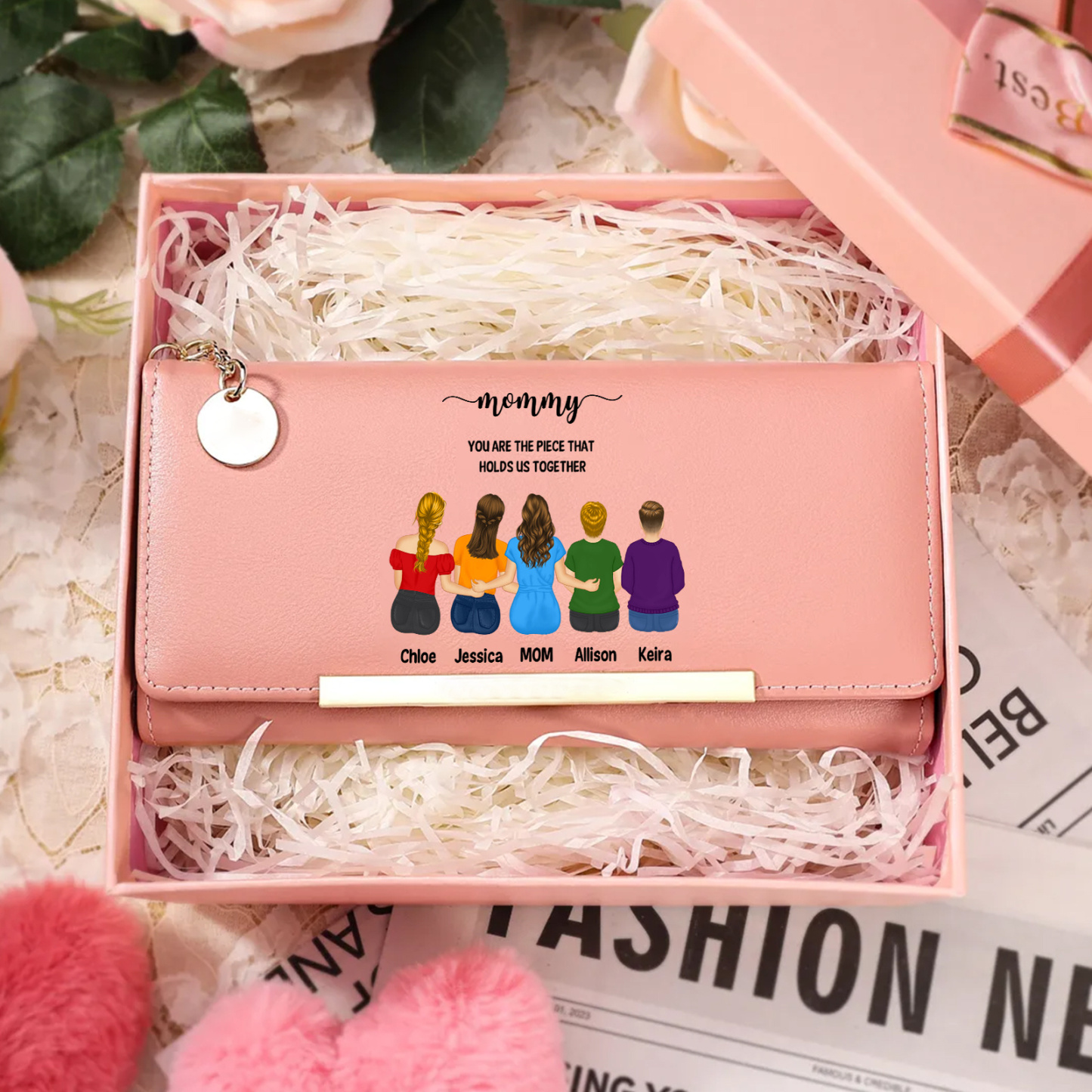 Personalized leather wallet for Mom Custom with 1–6 child figures and names