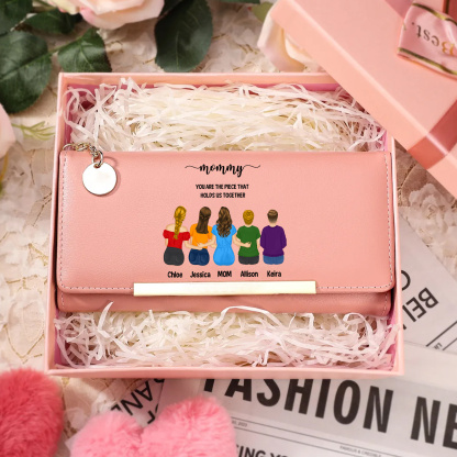 Personalized leather wallet for Mom Custom with 1–6 child figures and names