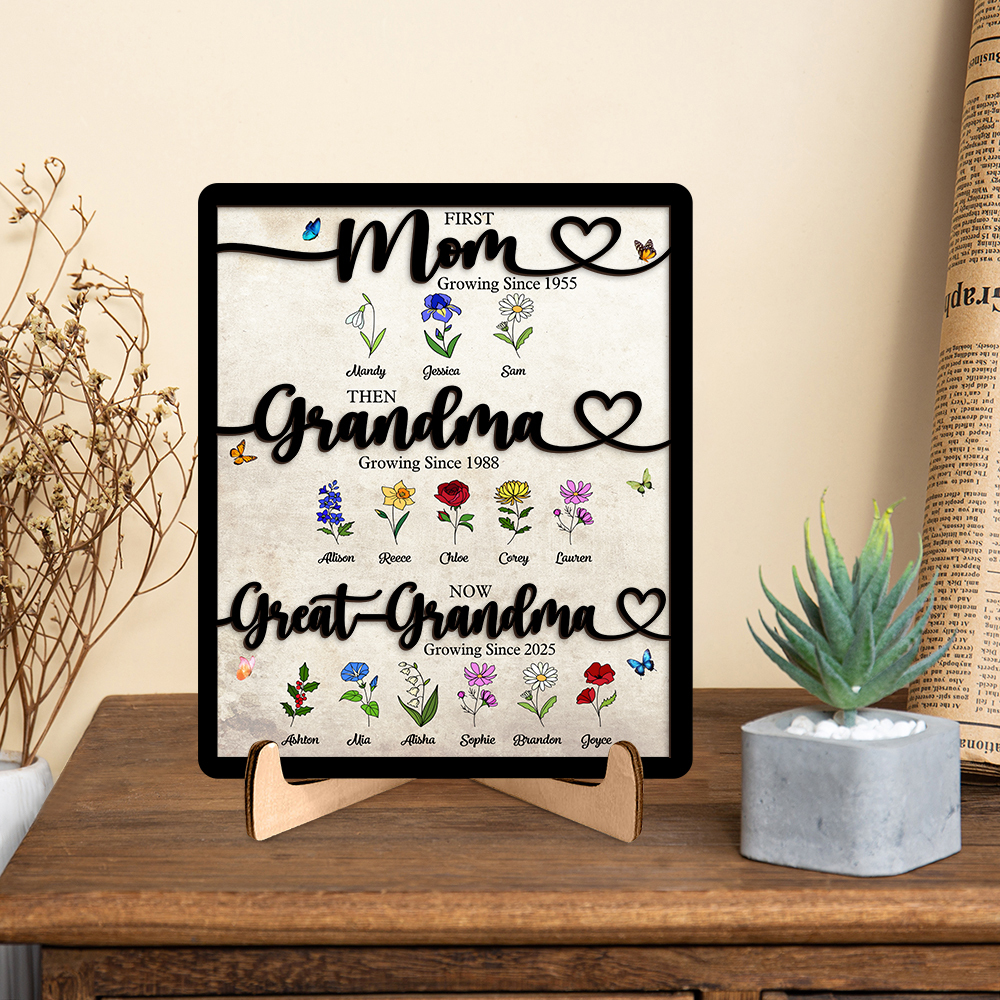 Personalized Family Wooden Plaque “First Mom, then Grandma, now Great-Grandma” Wooden Sign with Floral Design