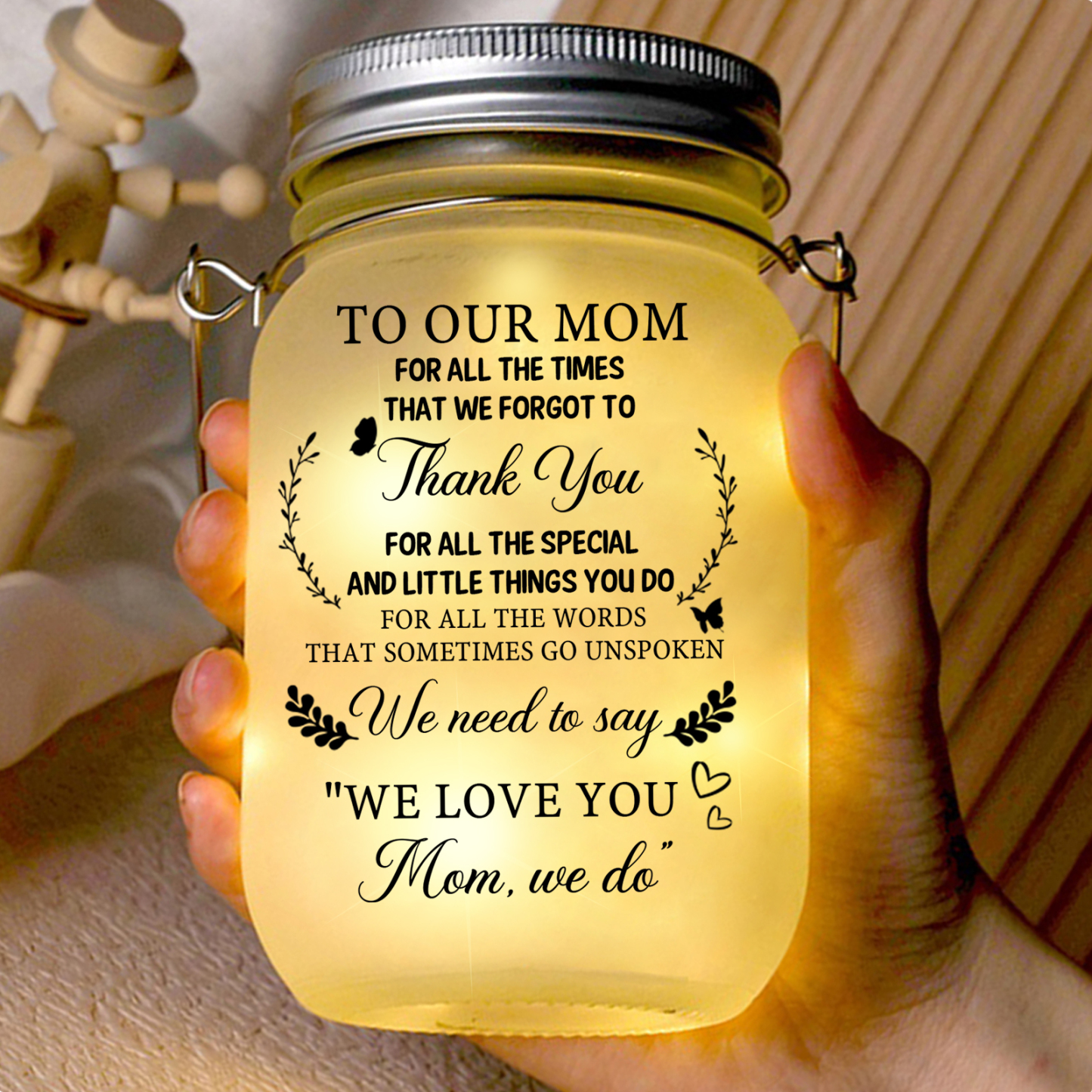 Personalized Solar Glass Bottle Mason Jar Light with family tree – Thank you, Mom