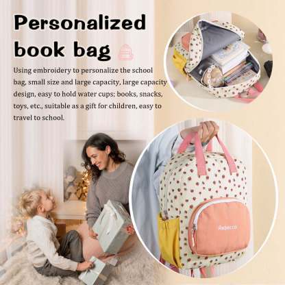 Personalised Kids' Backpack Embroidered with 1 Name Strawberry Print Practical and Heartfelt Gift for Girls | Jessemade