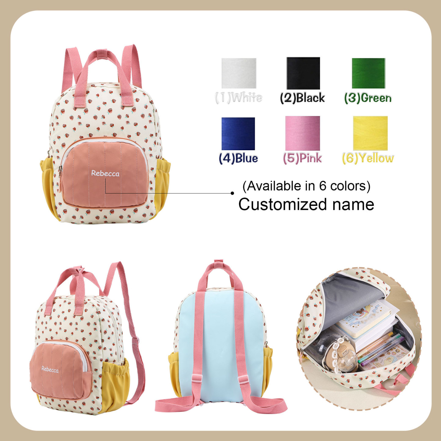 Personalised Kids' Backpack Embroidered with 1 Name Strawberry Print Practical and Heartfelt Gift for Girls | Jessemade