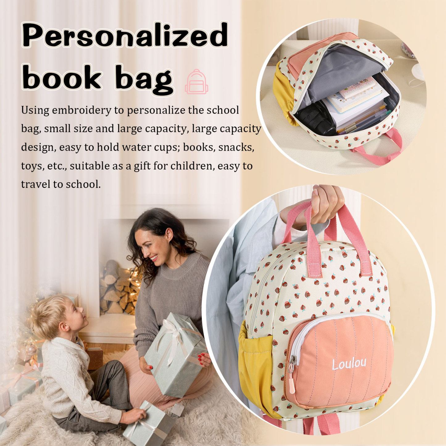 Personalised Kids' Backpack Embroidered with 1 Name Strawberry Print Practical and Heartfelt Gift for Girls | Jessemade