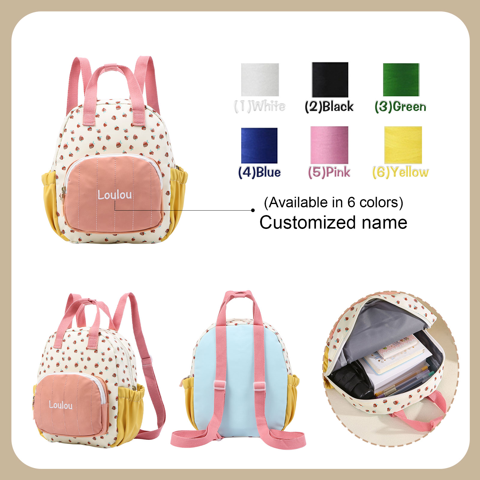 Personalised Kids' Backpack Embroidered with 1 Name Strawberry Print Practical and Heartfelt Gift for Girls | Jessemade