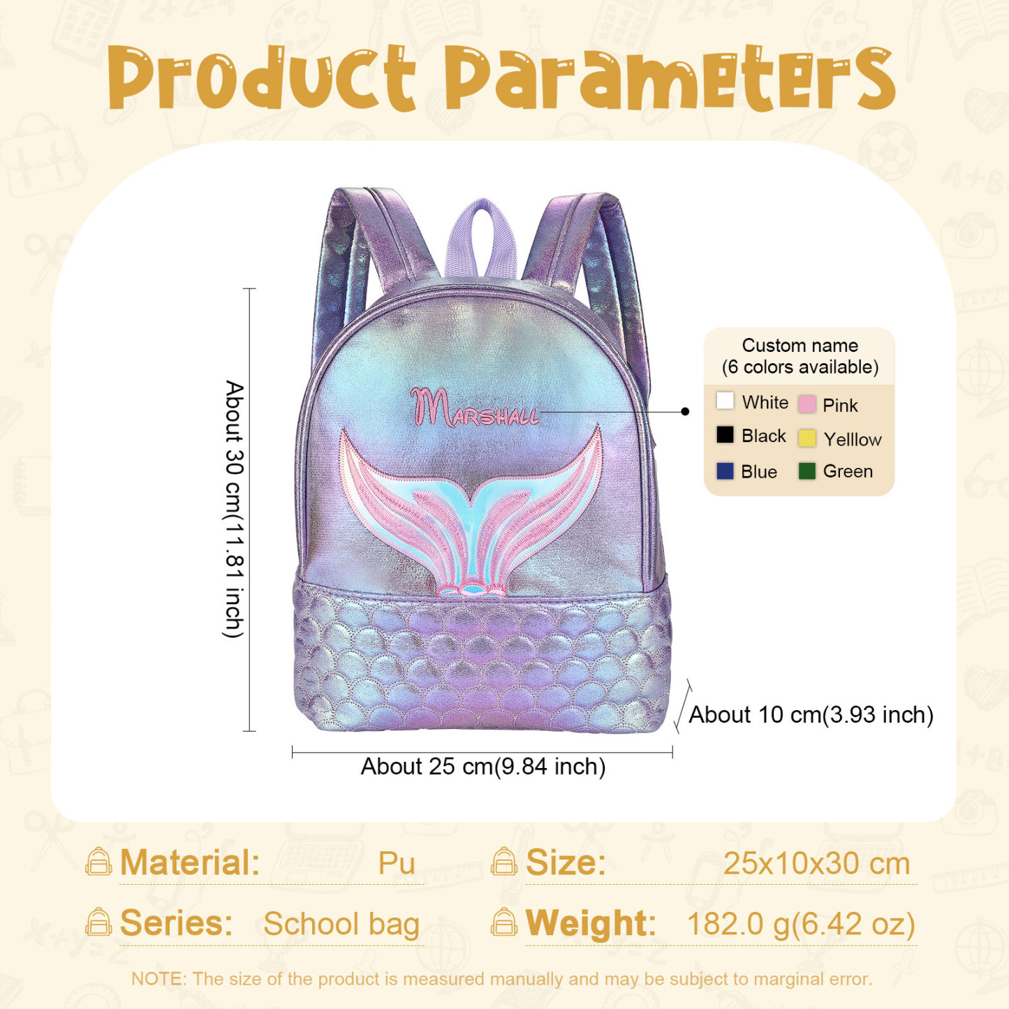 Personalised Embroidery Name Girls Mermaid Backpack Holographic Quilted Pattern Fish Tail Decor Classic Backpack Gift for Kids | Jessemade