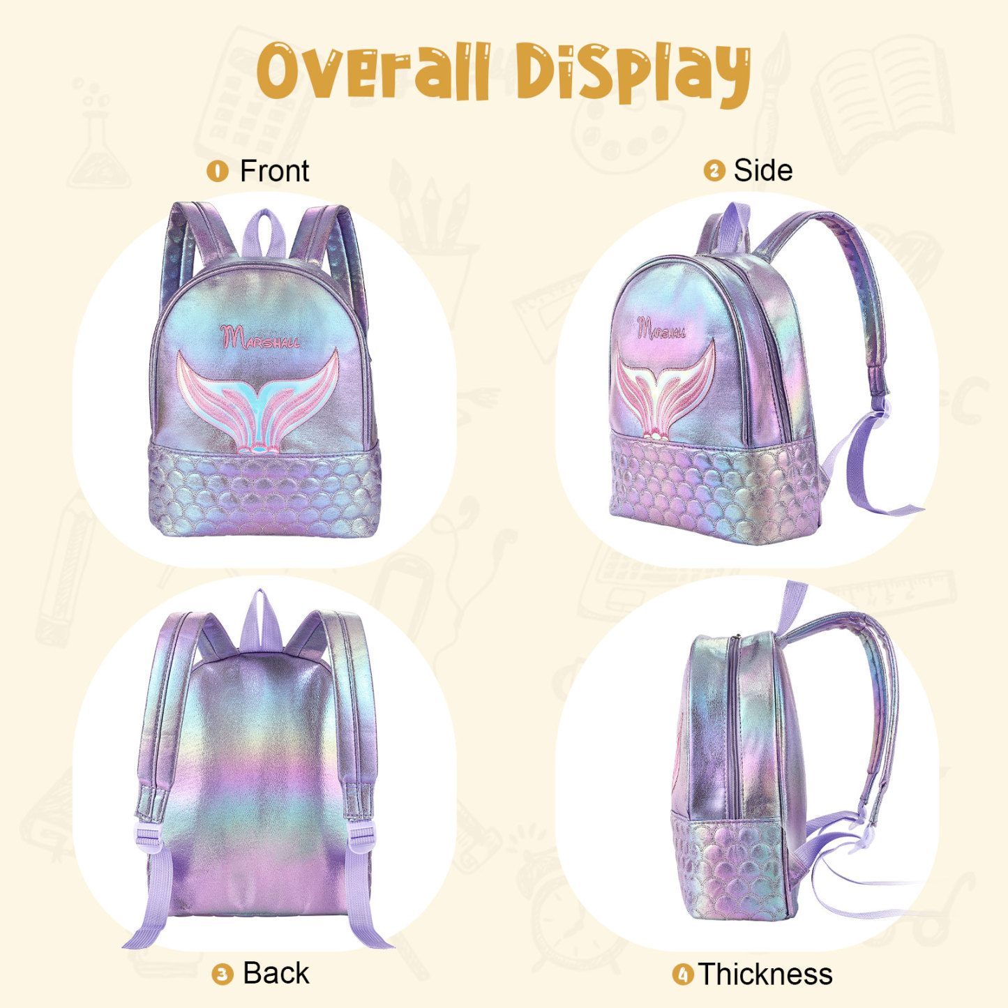 Personalised Embroidery Name Girls Mermaid Backpack Holographic Quilted Pattern Fish Tail Decor Classic Backpack Gift for Kids | Jessemade