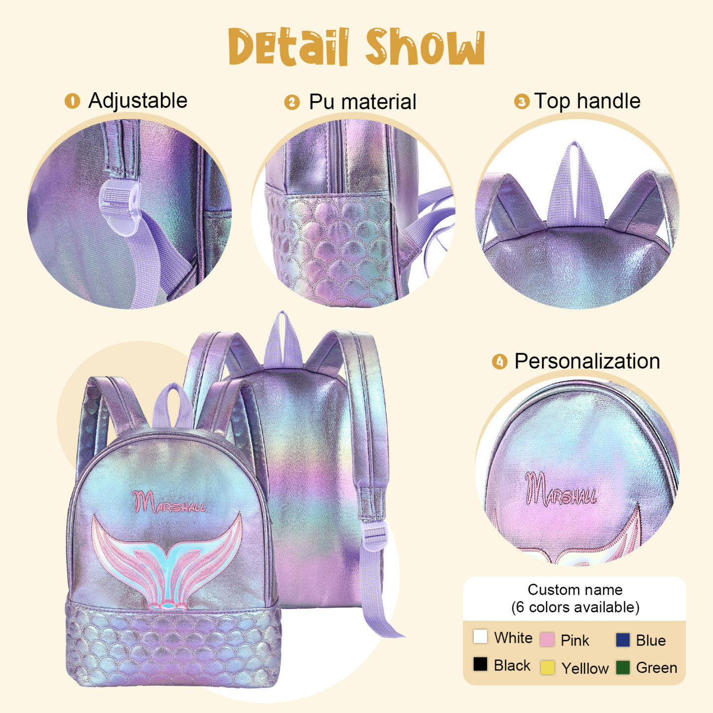 Personalised Embroidery Name Girls Mermaid Backpack Holographic Quilted Pattern Fish Tail Decor Classic Backpack Gift for Kids | Jessemade