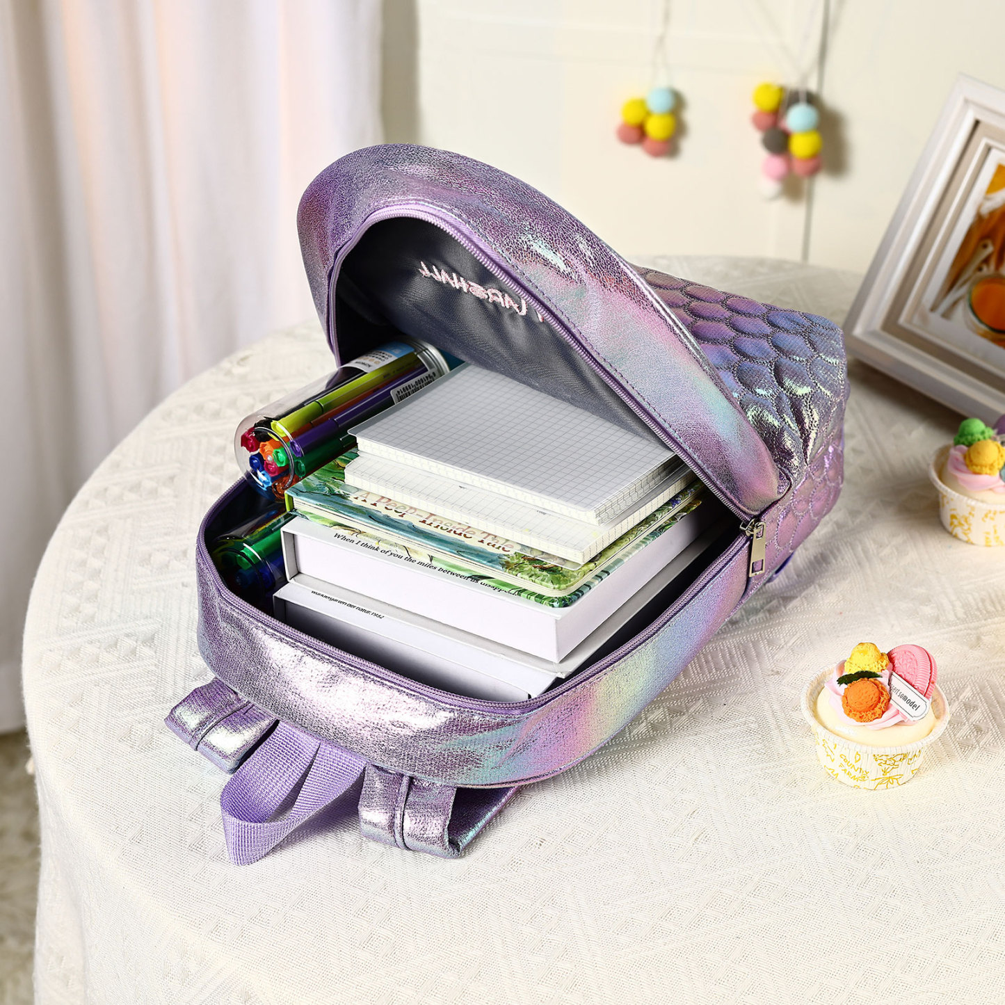 Personalised Embroidery Name Girls Mermaid Backpack Holographic Quilted Pattern Fish Tail Decor Classic Backpack Gift for Kids | Jessemade