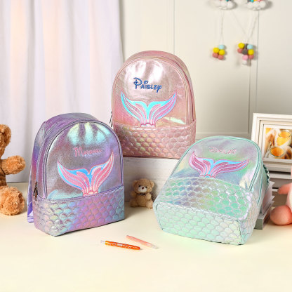 Personalised Embroidery Name Girls Mermaid Backpack Holographic Quilted Pattern Fish Tail Decor Classic Backpack Gift for Kids | Jessemade