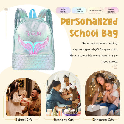 Personalised Embroidery Name Girls Mermaid Backpack Holographic Quilted Pattern Fish Tail Decor Classic Backpack Gift for Kids | Jessemade