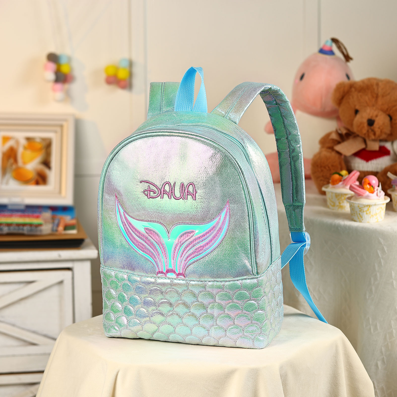 Personalised Embroidery Name Girls Mermaid Backpack Holographic Quilted Pattern Fish Tail Decor Classic Backpack Gift for Kids | Jessemade