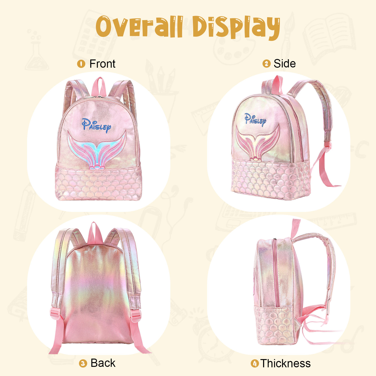 Personalised Embroidery Name Girls Mermaid Backpack Holographic Quilted Pattern Fish Tail Decor Classic Backpack Gift for Kids | Jessemade