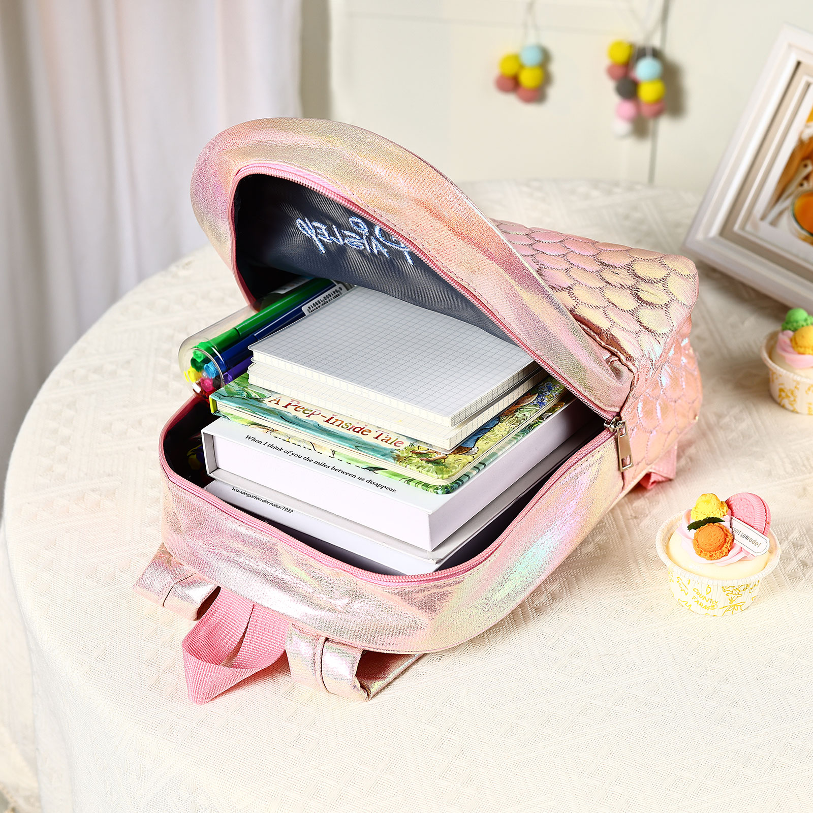 Personalised Embroidery Name Girls Mermaid Backpack Holographic Quilted Pattern Fish Tail Decor Classic Backpack Gift for Kids | Jessemade