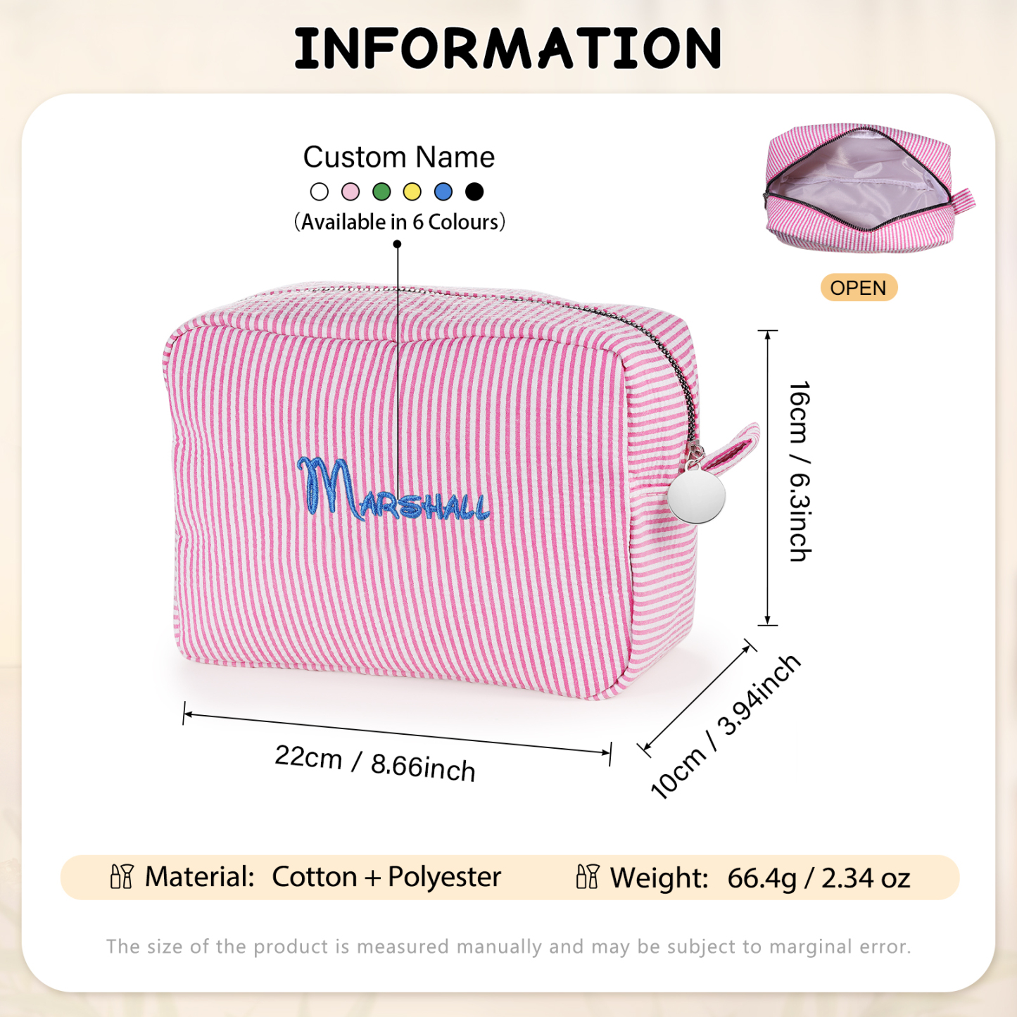 Personalised Striped Embroidered Bag – Custom Name Makeup/Wash Bag – Pink/Green/Blue/Yellow Options – Gift for Her | Jessemade