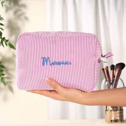 Personalised Striped Embroidered Bag – Custom Name Makeup/Wash Bag – Pink/Green/Blue/Yellow Options – Gift for Her | Jessemade