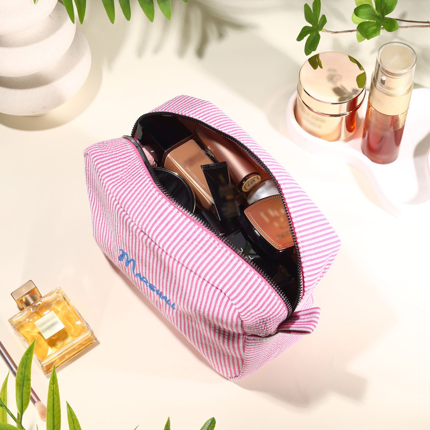 Personalised Striped Embroidered Bag – Custom Name Makeup/Wash Bag – Pink/Green/Blue/Yellow Options – Gift for Her | Jessemade