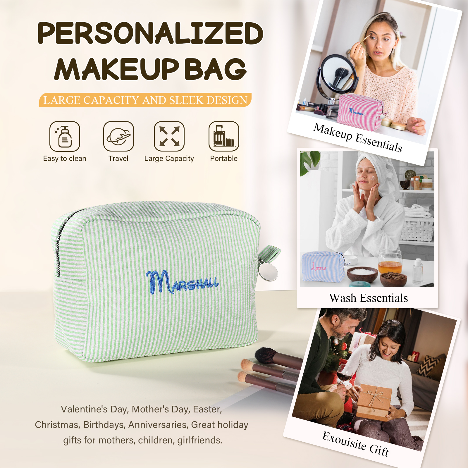 Personalised Striped Embroidered Bag – Custom Name Makeup/Wash Bag – Pink/Green/Blue/Yellow Options – Gift for Her | Jessemade