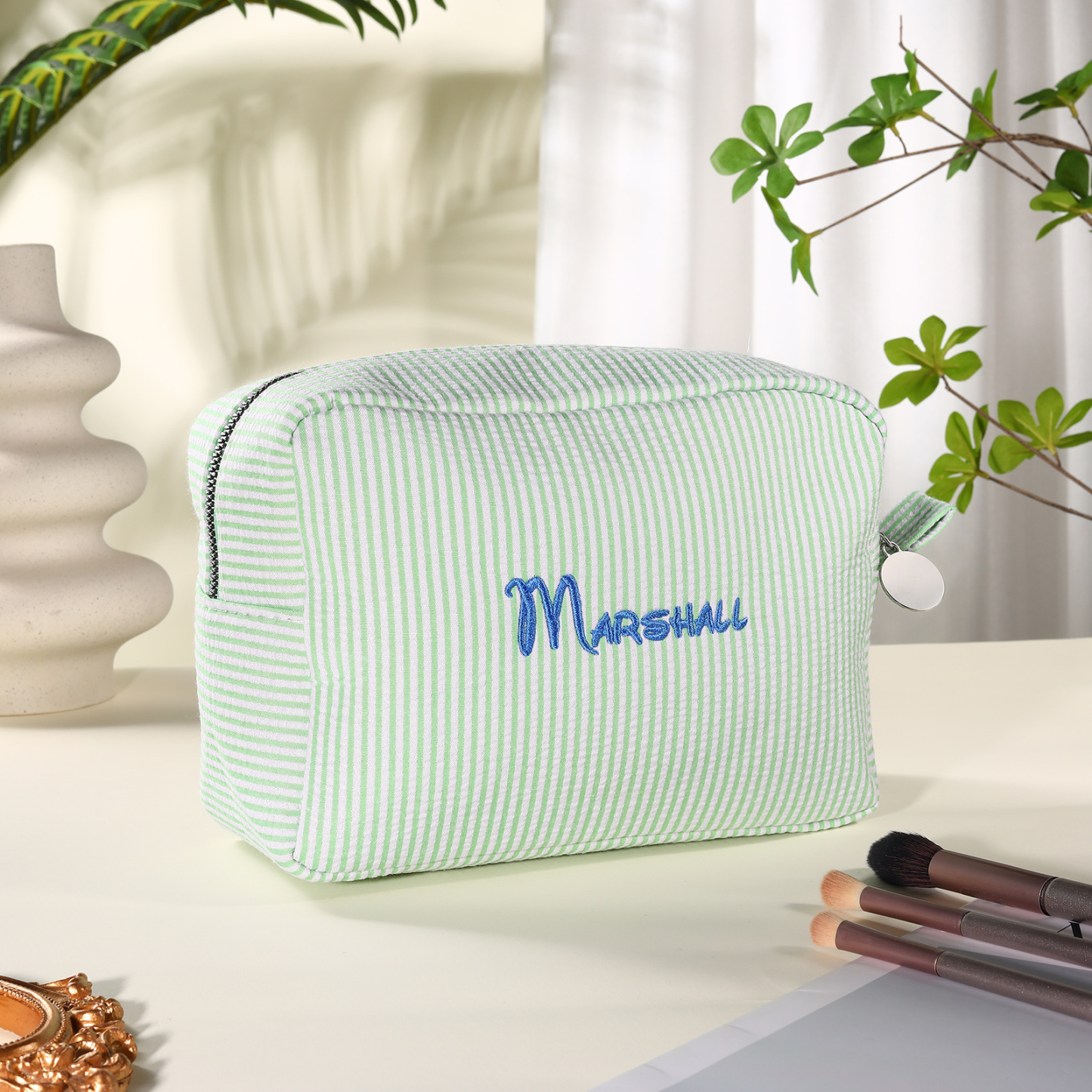 Personalised Striped Embroidered Bag – Custom Name Makeup/Wash Bag – Pink/Green/Blue/Yellow Options – Gift for Her | Jessemade