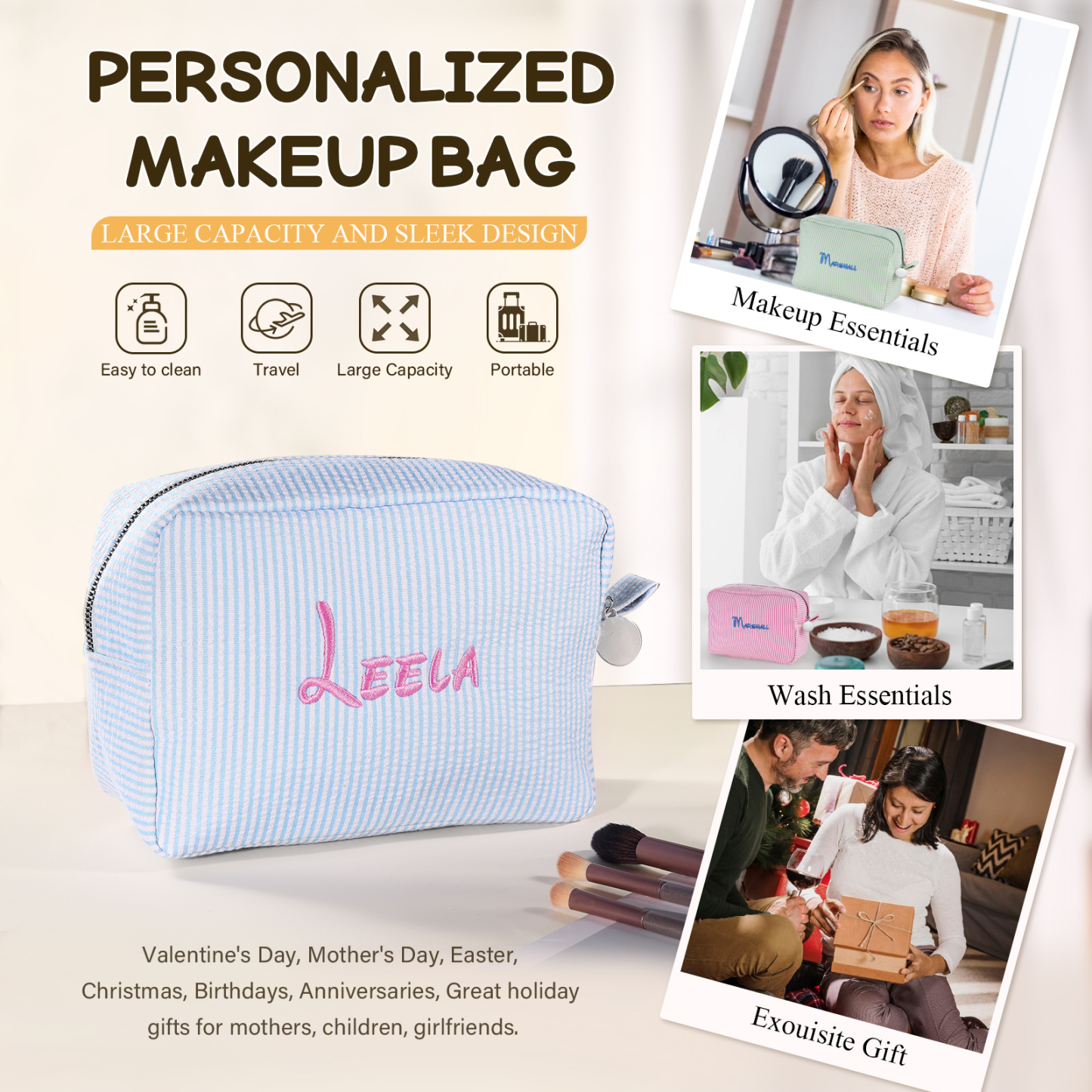 Personalised Striped Embroidered Bag – Custom Name Makeup/Wash Bag – Pink/Green/Blue/Yellow Options – Gift for Her | Jessemade