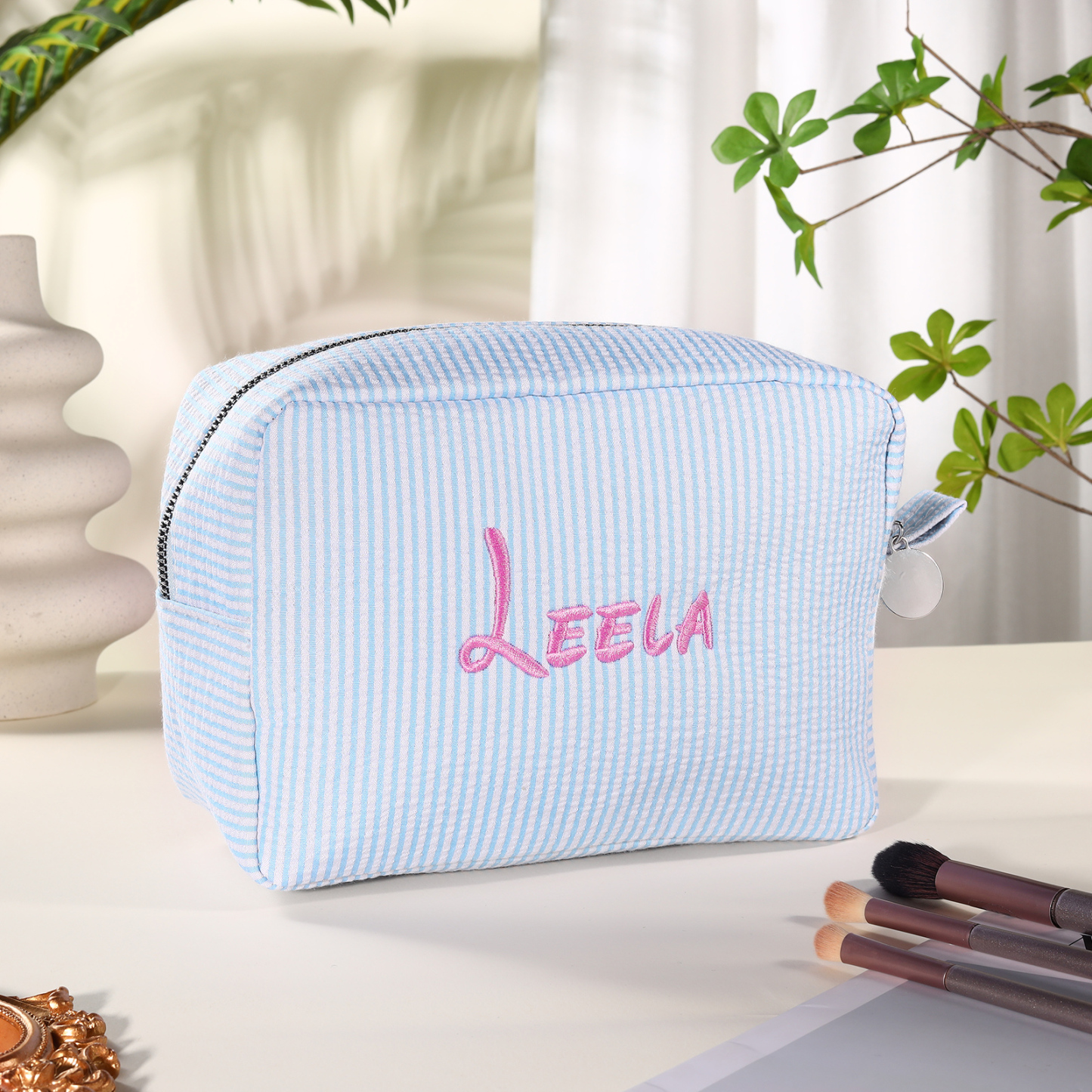 Personalised Striped Embroidered Bag – Custom Name Makeup/Wash Bag – Pink/Green/Blue/Yellow Options – Gift for Her | Jessemade