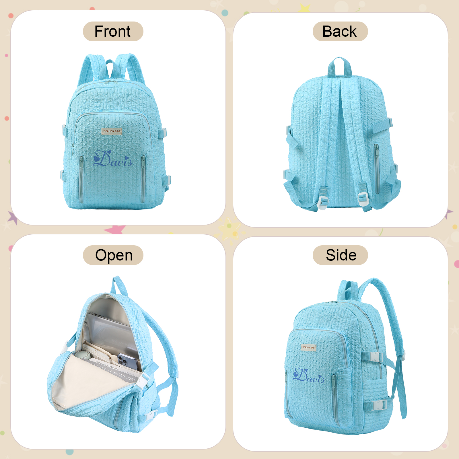 Personalized Children’s School Bag – Multiple Color & Font Choices & Custom Name - Large Capacity Backpack