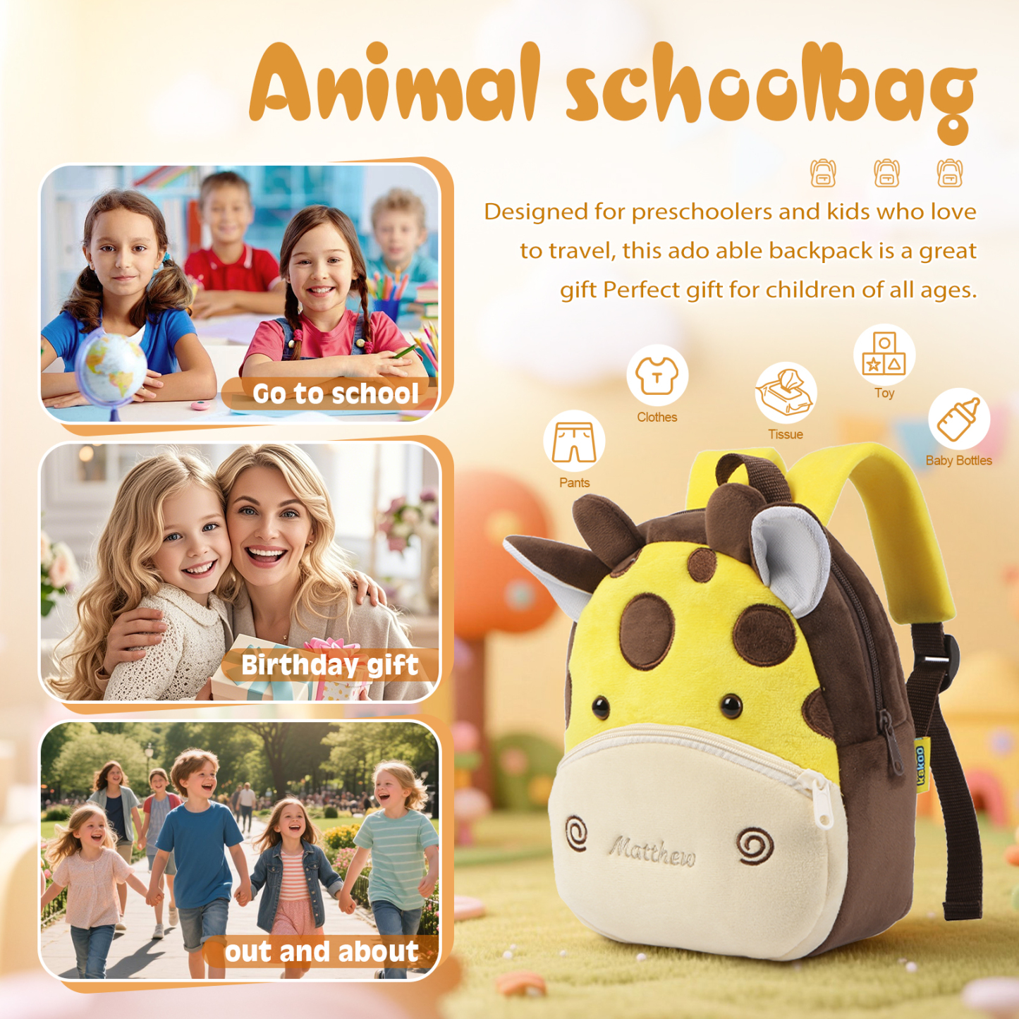 Adorable Plush Animal Schoolbag – Personalized Schoolbag with Name Embroidery for Children Multiple Cute Styles