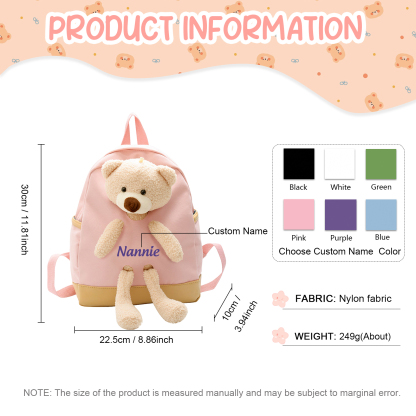 Personalized Kids Teddy Bear Backpack – Multi-Color Soft Nylon, Custom Name - Cute Gift for School & Travel