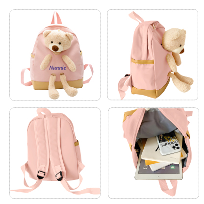 Personalized Kids Teddy Bear Backpack – Multi-Color Soft Nylon, Custom Name - Cute Gift for School & Travel