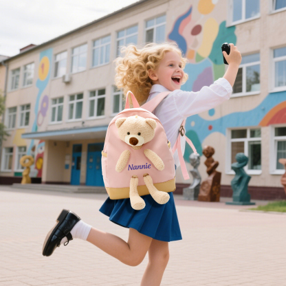 Personalized Kids Teddy Bear Backpack – Multi-Color Soft Nylon, Custom Name - Cute Gift for School & Travel