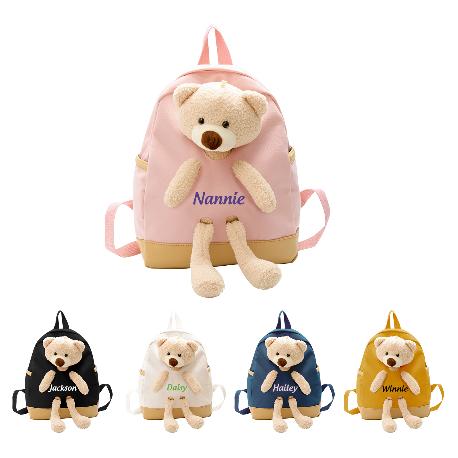 Personalized Kids Teddy Bear Backpack – Multi-Color Soft Nylon, Custom Name - Cute Gift for School & Travel