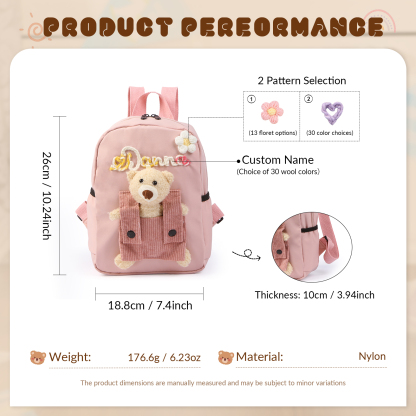 Schoolbag for Back to School Season – Custom Name Kids Backpack with Cute Bear & Wool Accents, Ideal Gift for Children