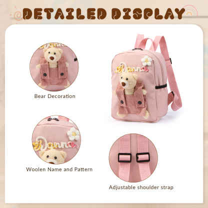Schoolbag for Back to School Season – Custom Name Kids Backpack with Cute Bear & Wool Accents, Ideal Gift for Children