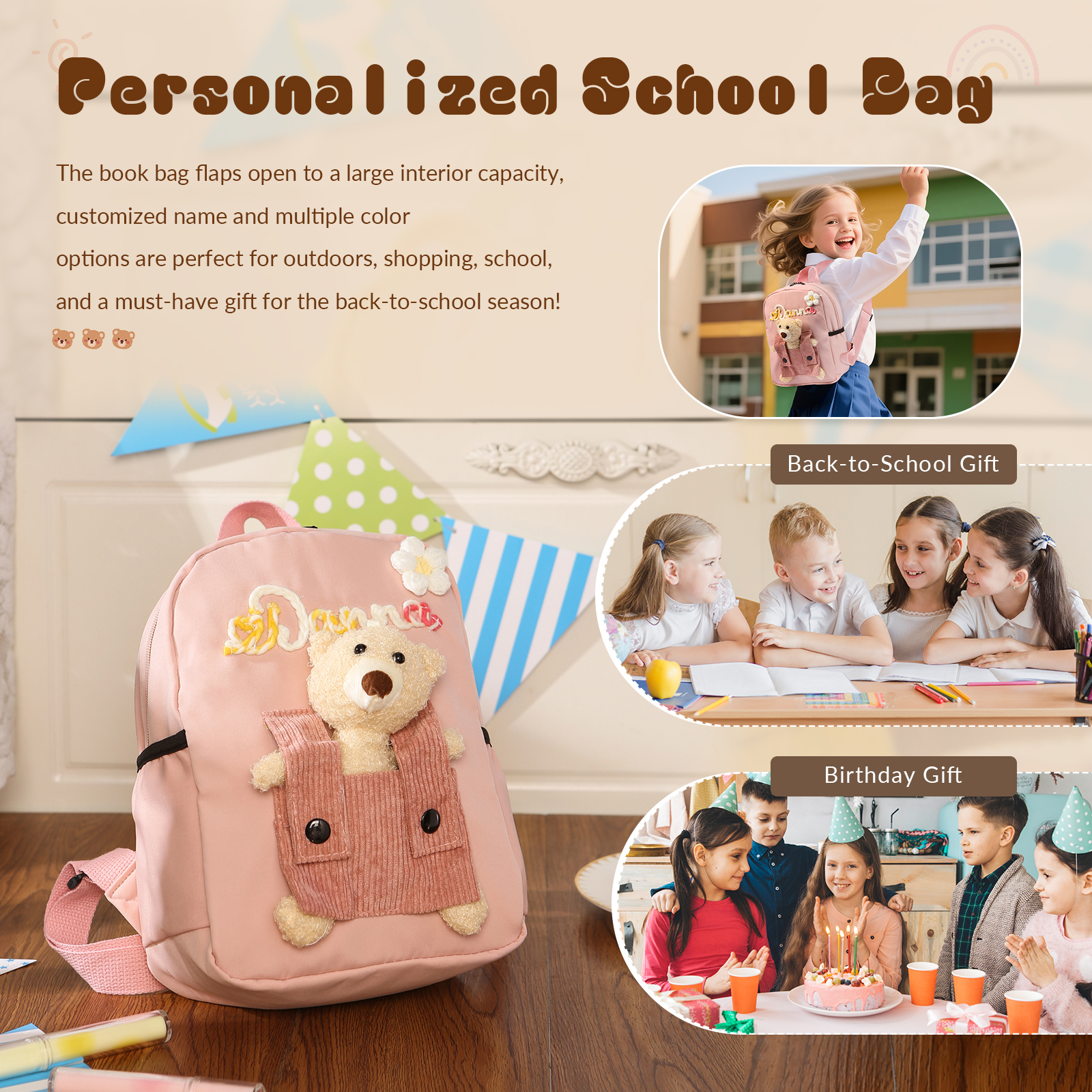 Schoolbag for Back to School Season – Custom Name Kids Backpack with Cute Bear & Wool Accents, Ideal Gift for Children