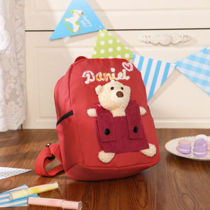 Schoolbag for Back to School Season – Custom Name Kids Backpack with Cute Bear & Wool Accents, Ideal Gift for Children